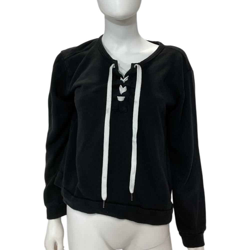 Chaser Cozy True Black Lace Up Neck Sweatshirt Size L - Picture 2 of 5
